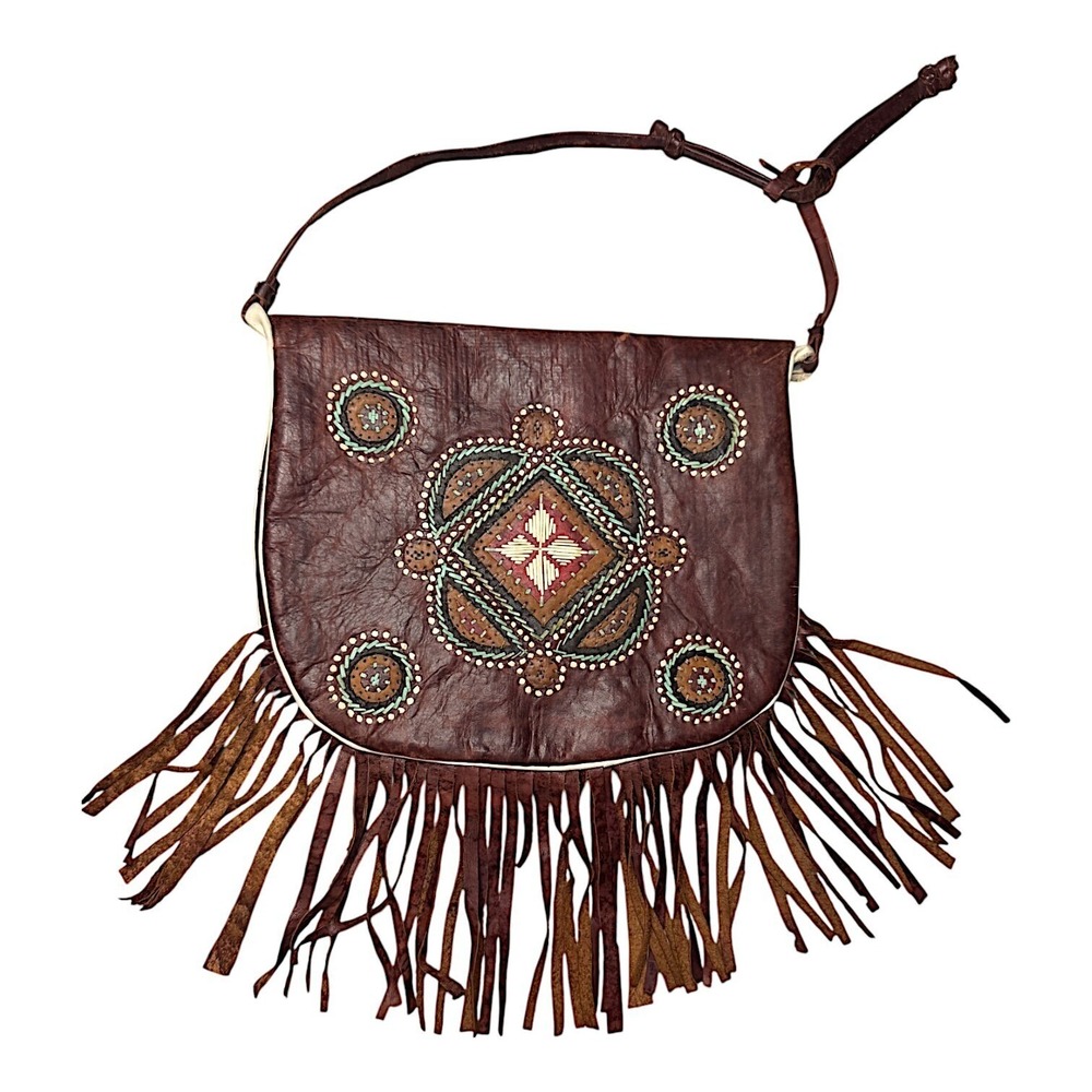 Vtg 70's Handmaid Nigerian Leather Purse Bag African Fringe Bohemian‎ Hippie